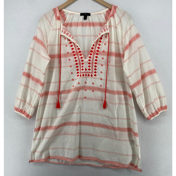 J. Crew Tops - J.CREW Tunic M Boho Embroidered Tasseled Striped 3/4 Cover Up Cotton White Red